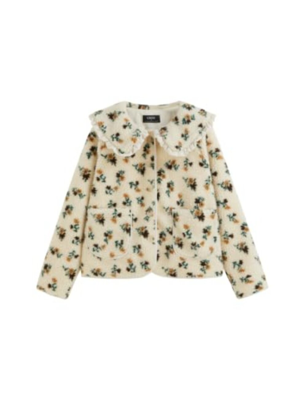 Sherpa Fleece Jacket Floral Print Ruffled Peter Pan Collar Button Front